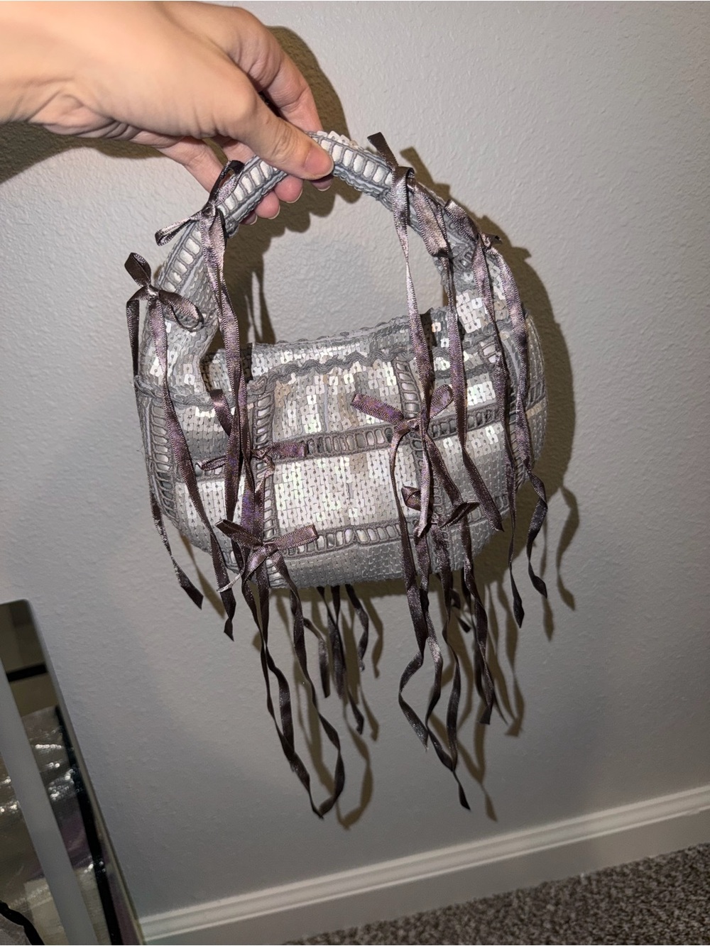 Anthropologie Silver Sequin Fringe Mini Bag